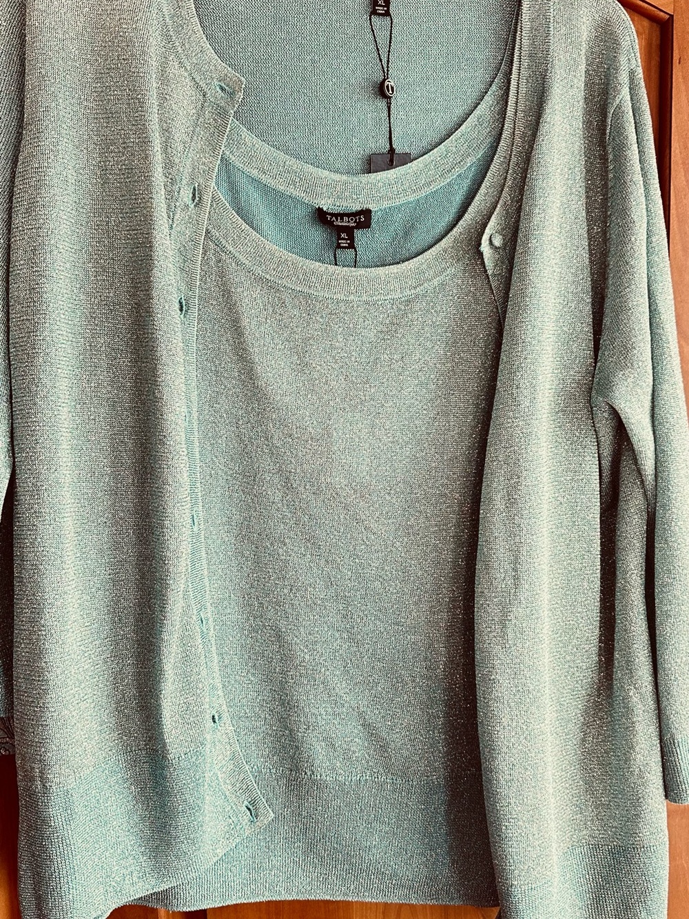 Talbots NWT skirt 18WP, & 2piece sweater set XL, sparkly gold, blue, & beige - Picture 7 of 14